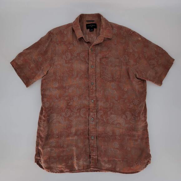 Black Brown 1826 Mens Orange Paisley Button Down Short Sleeve Shirt -Size L -GUC - Picture 11 of 12